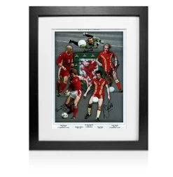 Framed Welsh Football Legends Multi-Signed Photo - Hartson, James, Southall, Curtis & Yorath