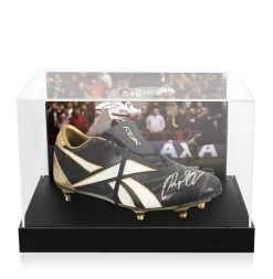 Ryan Giggs Signed Football Boot - Reebok, Black/Gold - In Acrylic Photo Display Case