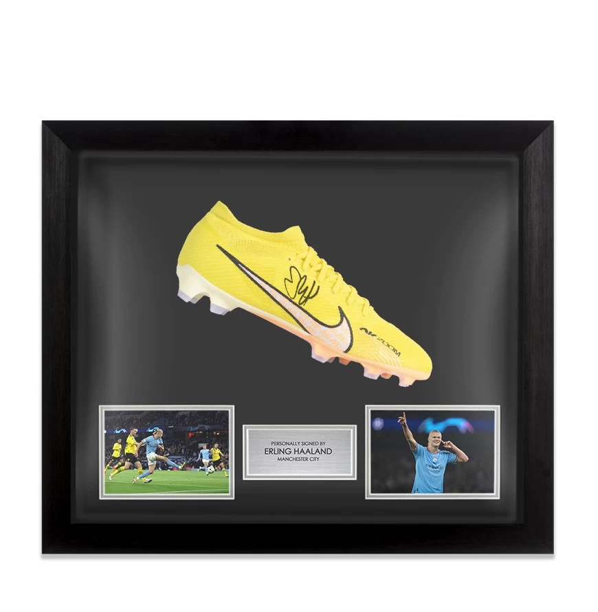 Framed Erling Haaland Signed Football Boot - Yellow Nike Mercurial Superfly - Bubble Framed