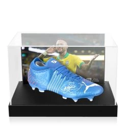 Neymar Jr Signed Football Boot - Puma, Blue - In Acrylic Photo Display Case