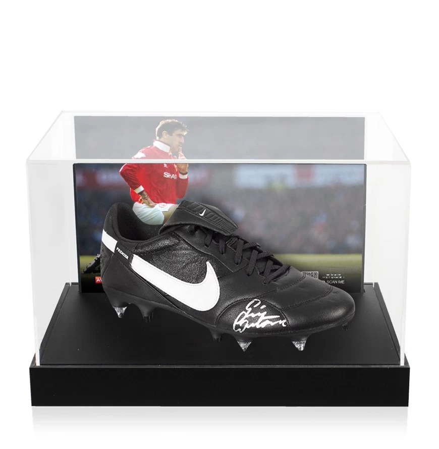 Eric Cantona Signed Football Boot - Nike Premier, Black - In Acrylic Photo Display Case