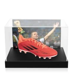 Lukas Podolski Signed Football Boot - Adidas, Red - In Acrylic Photo Display Case